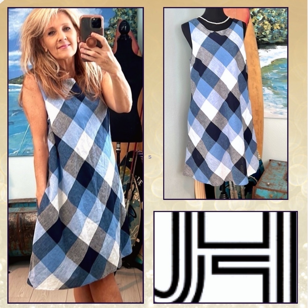 💙JH Design,Blue-Buffalo Plaid Dress,Easy Wear,POCKETS,Excellent Cond.,Size 12